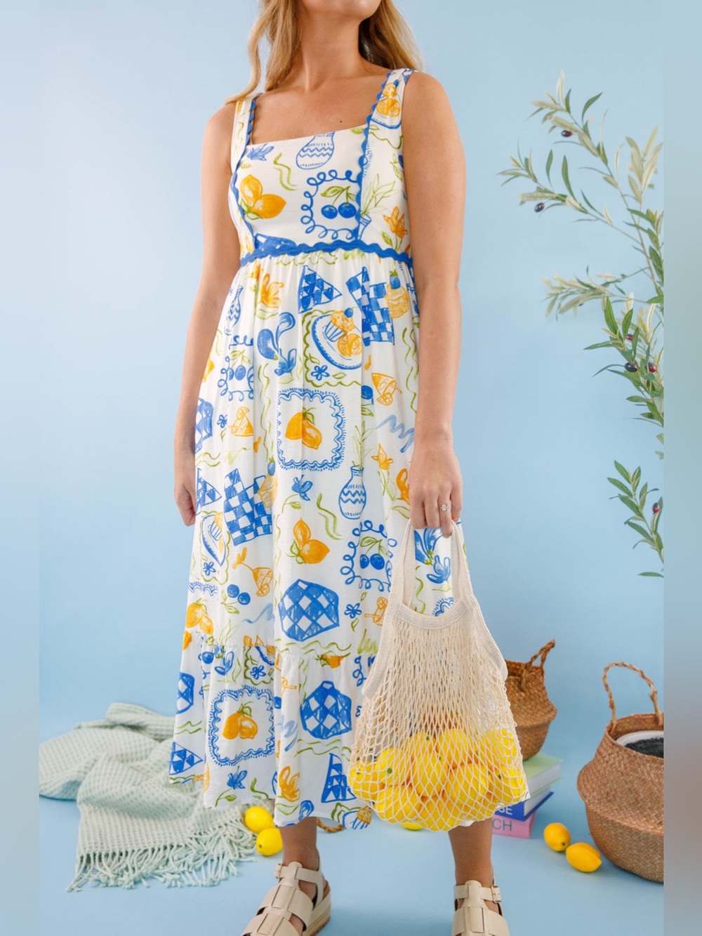 Blu Pepper White Sundress with Blue & Yellow Print S